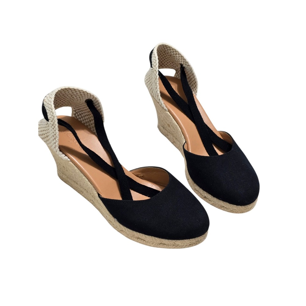 J.Crew Black Canvas Espadrille Wedge Sandals Lace Up Ankle Tie Cream Heel 7.5